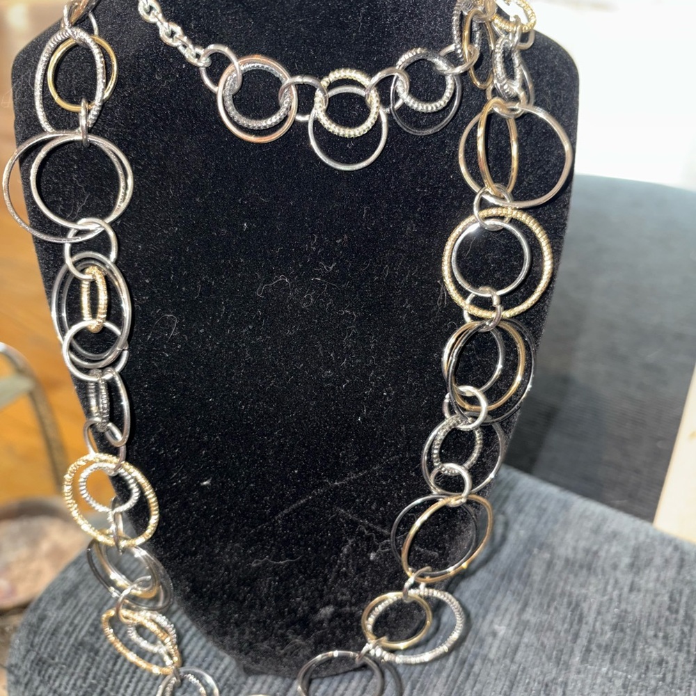 2-Jennifer Lopez JLO long silver tone multiple tone circles‎ necklace